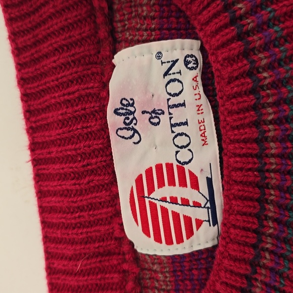 Vintage Isle Of Cotton Pattern Knit Sweater Red Made In USA Size Medium - Picture 12 of 13